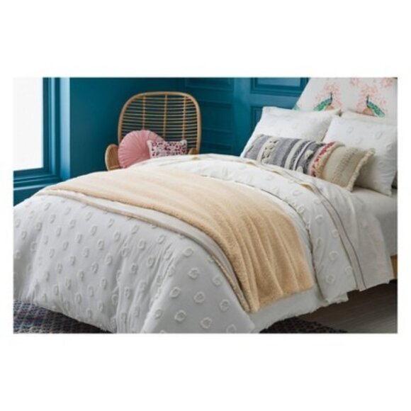 Pom Pom Duvet Cover Set With Shams Twin/XL Cotton Blend White Textured Bedding - Picture 5 of 7